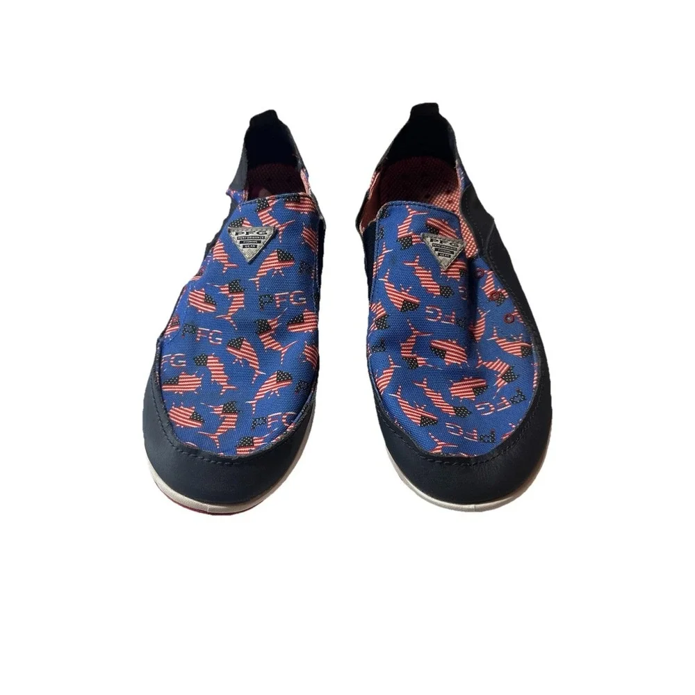 Columbia Mens PFG Slip On Shoes Canvas American Flag Fish Bahama Vent Boat Sz 12